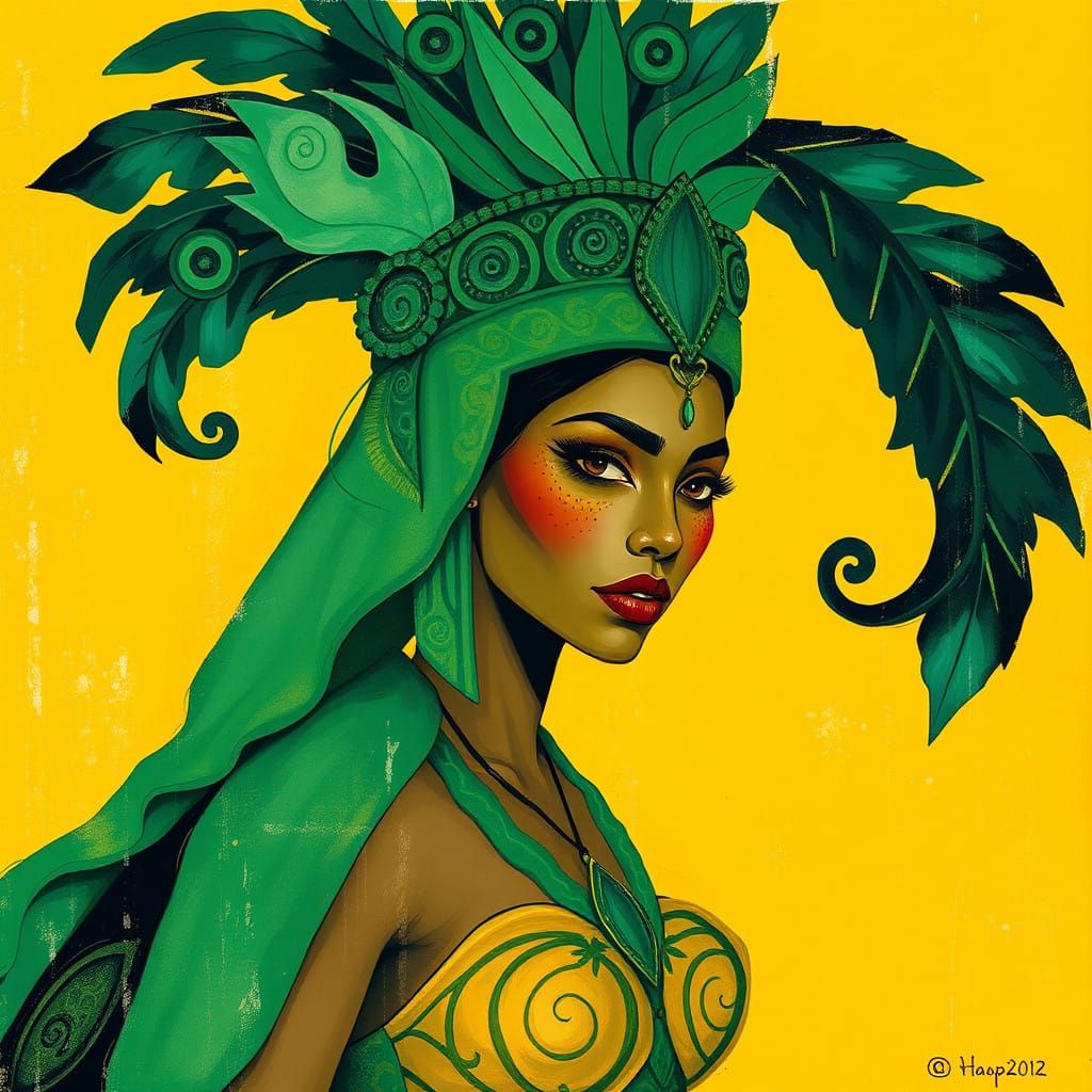 Regal Amazonian Princess in Emerald Green Headdress