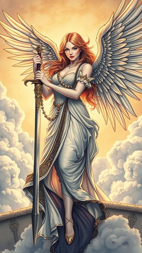 Intricate Angel Grasping Ornate Sword Amidst Feathery Clouds