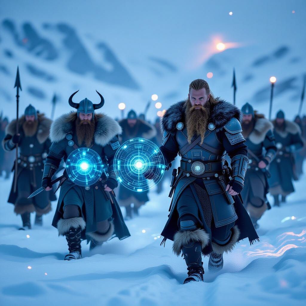 Viking Warriors and Robot in Snowy Landscape