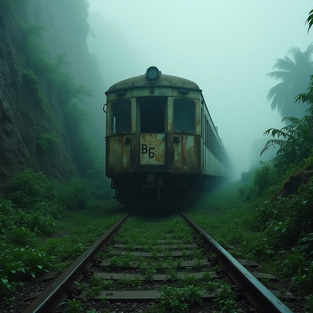 Um trem abandonado escrito “BG” e enferrujado repousa sobre um trilho estreito, à beira de um precipício coberto por veg...