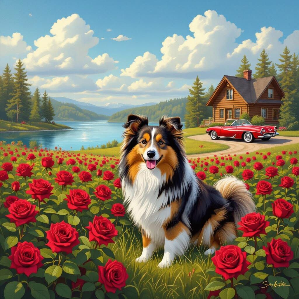 Sheltie in Roses, Photorealistic Kinkade-esque Style