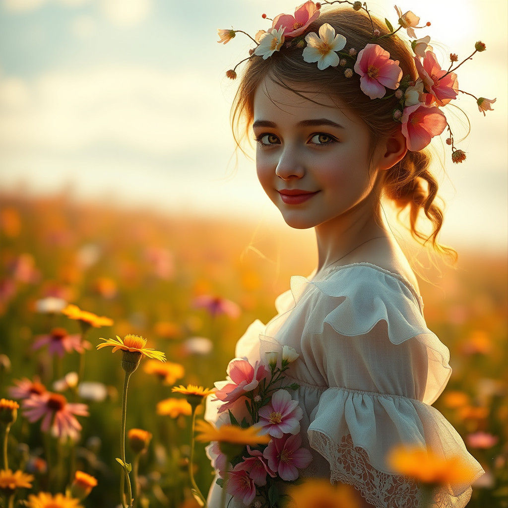 Fantasy Flower Girl in Dreamlike Field
