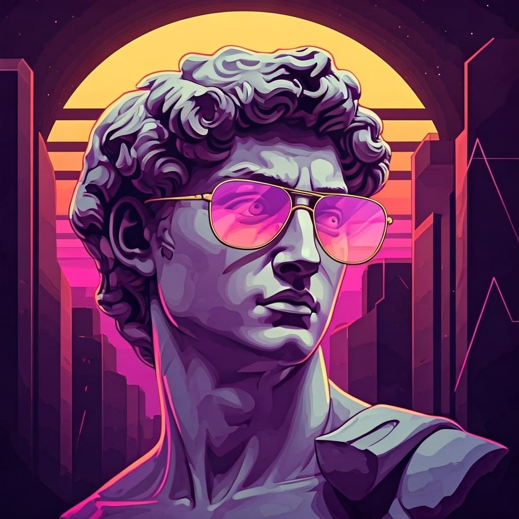 Marble Statue with Sunglasses in Retro-Futuristic Cityscape