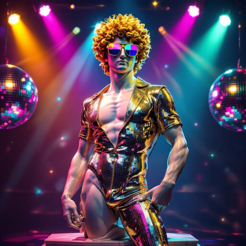 Disco David Statue in Neon-Lit Club