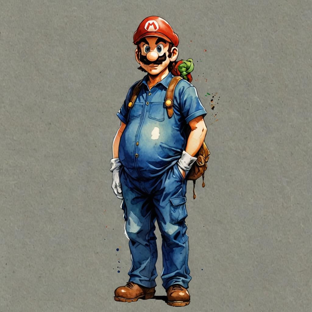 Pregnant Mario: Watercolor Comic Illustration