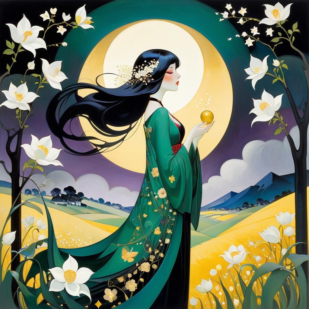 Owl and Lotus in Art Nouveau Style