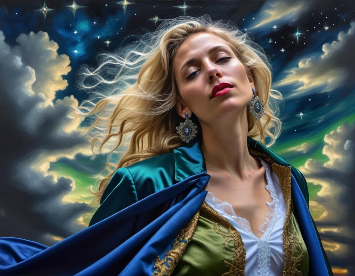 Woman Watches Starry Night Sky in Renaissance Oil Painting