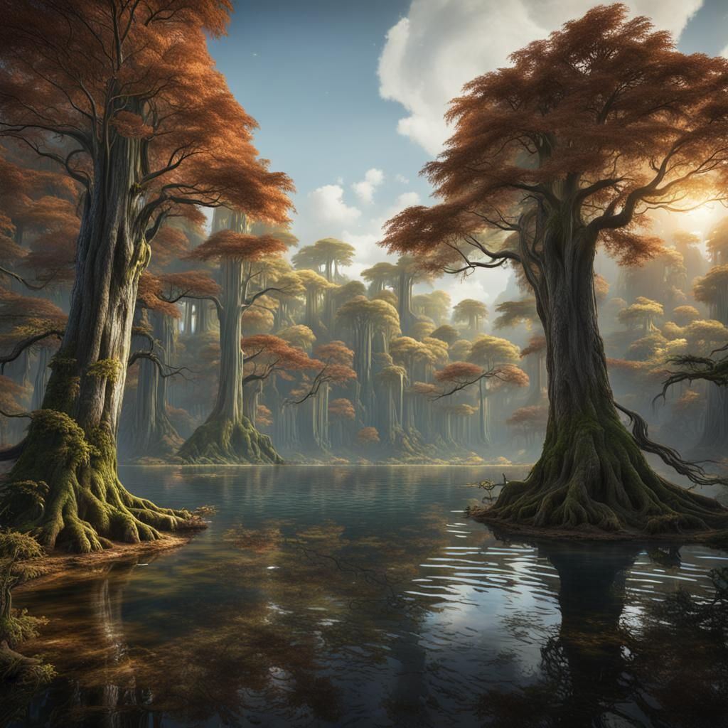 Forest Lake with Ancient Cypress Trees in Matte Painting Sty...