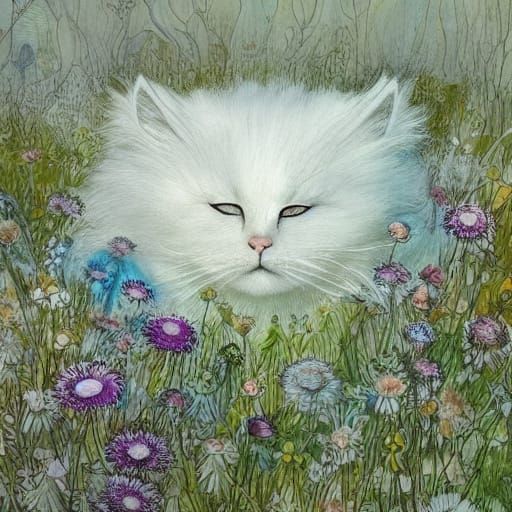 Whimsical Cat Amidst Glowing Wildflowers in Dreamy Nighttime...