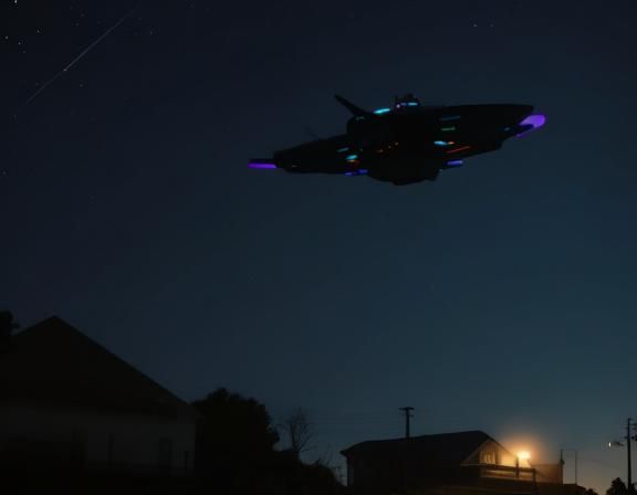 Futuristic Spaceship Over Suburbia at Night