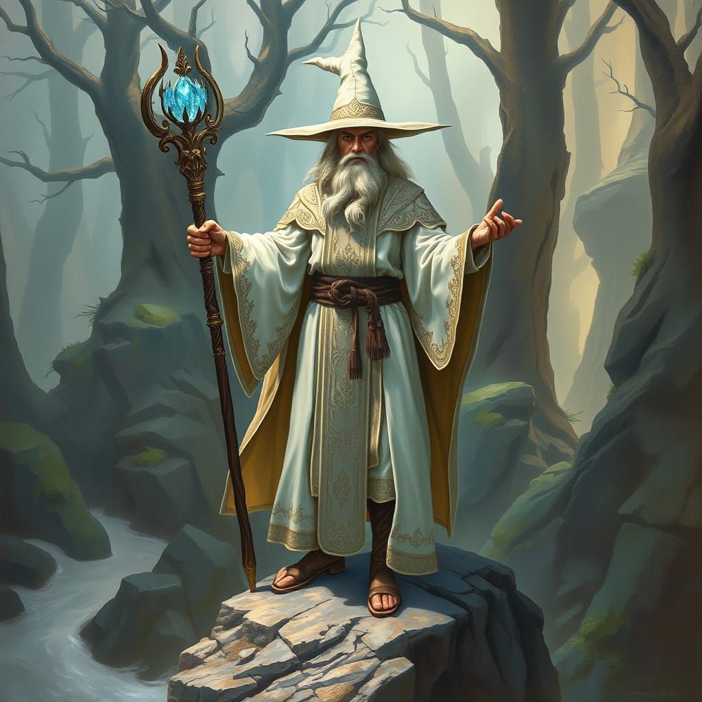 Golden Wizard Maintains Balance in Ancient Fantasy Realm