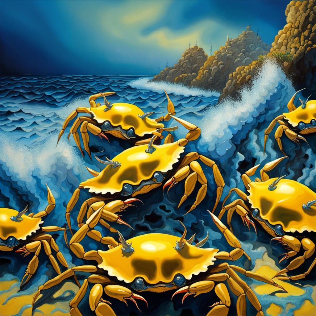 Surreal Blue Waves Crashing on Yellow Rocks