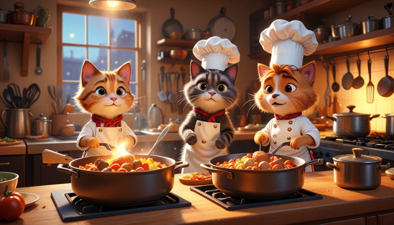 Chef Cats in a Cozy Pixar Kitchen