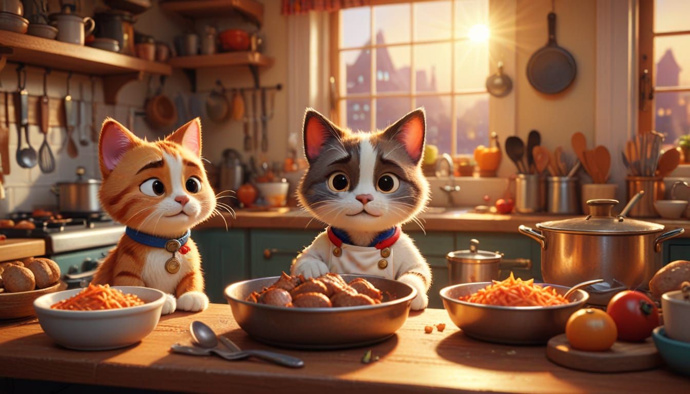 Chef Cats Prepare a Feast in a Cozy Kitchen