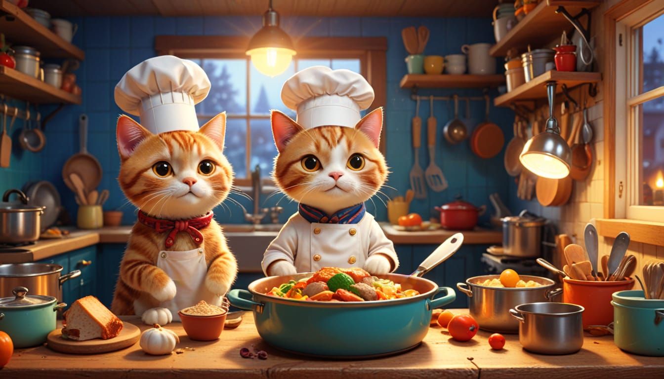 Whimsical Chef Cats Prepare a Feast in a Cozy Pixar Kitchen