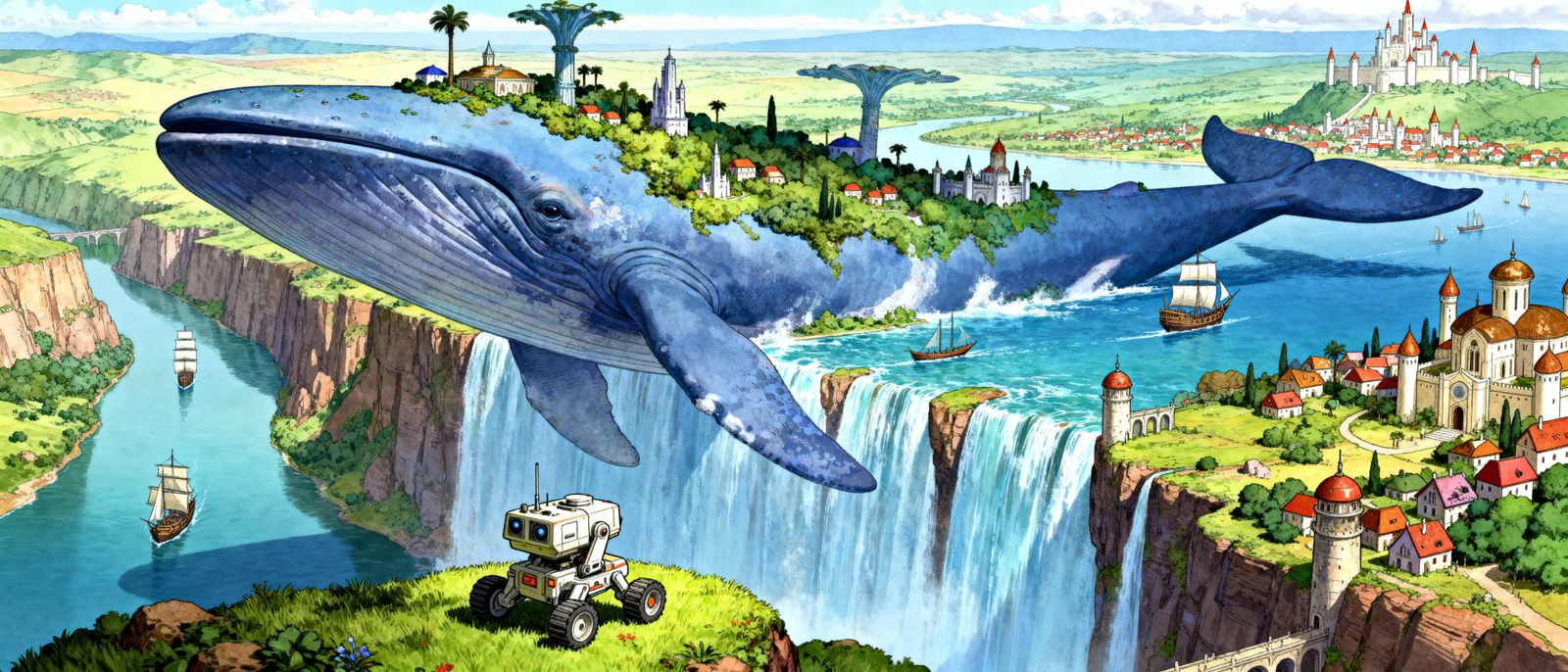 Anime Island on Flying Whale in Moebius Style