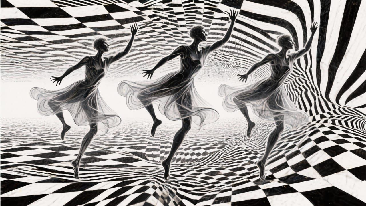 Ethereal Dancers Defying Physics in Surreal Ink Style