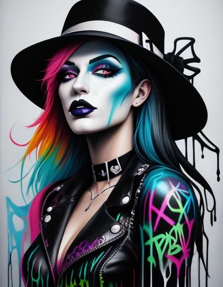 Gothic Fedora Girl in Graffiti Splash Art Style