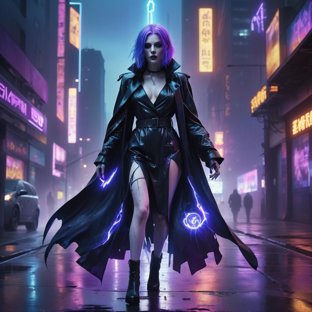Pale cyberpunk witch with purple hair
