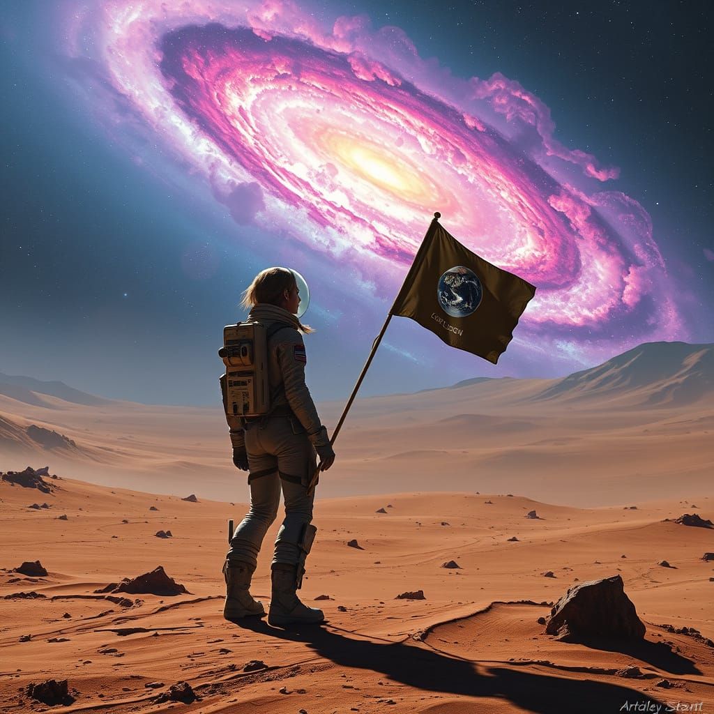 Astronaut on Alien Planet Gazing at Vibrant Nebula in Hyperr...