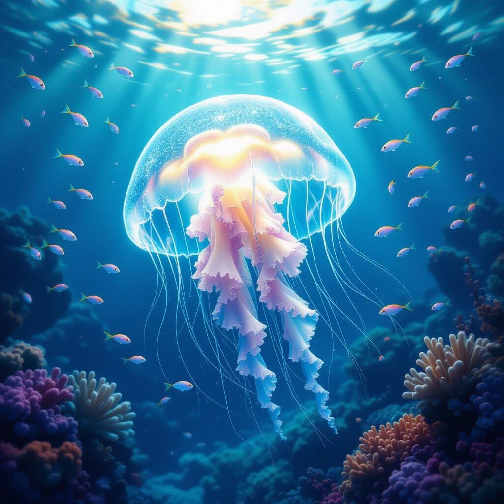 Luminous Jellyfish in Vibrant Coral Reef Digital Painting