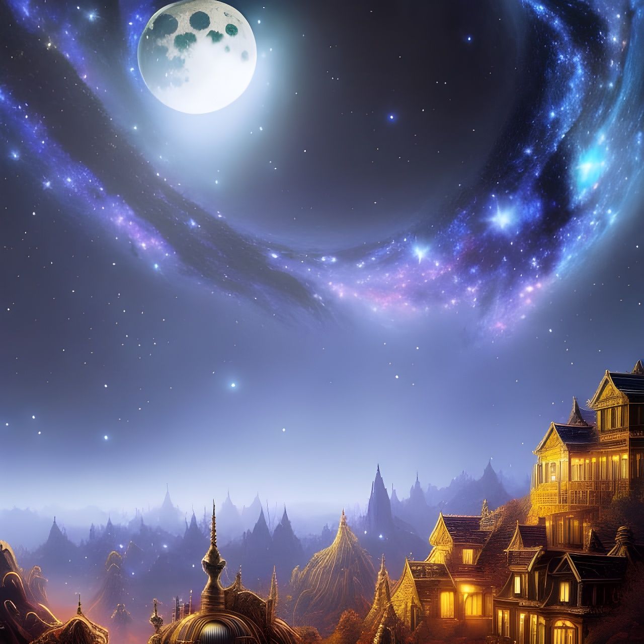 Moon and Galaxy in Surrealist Style