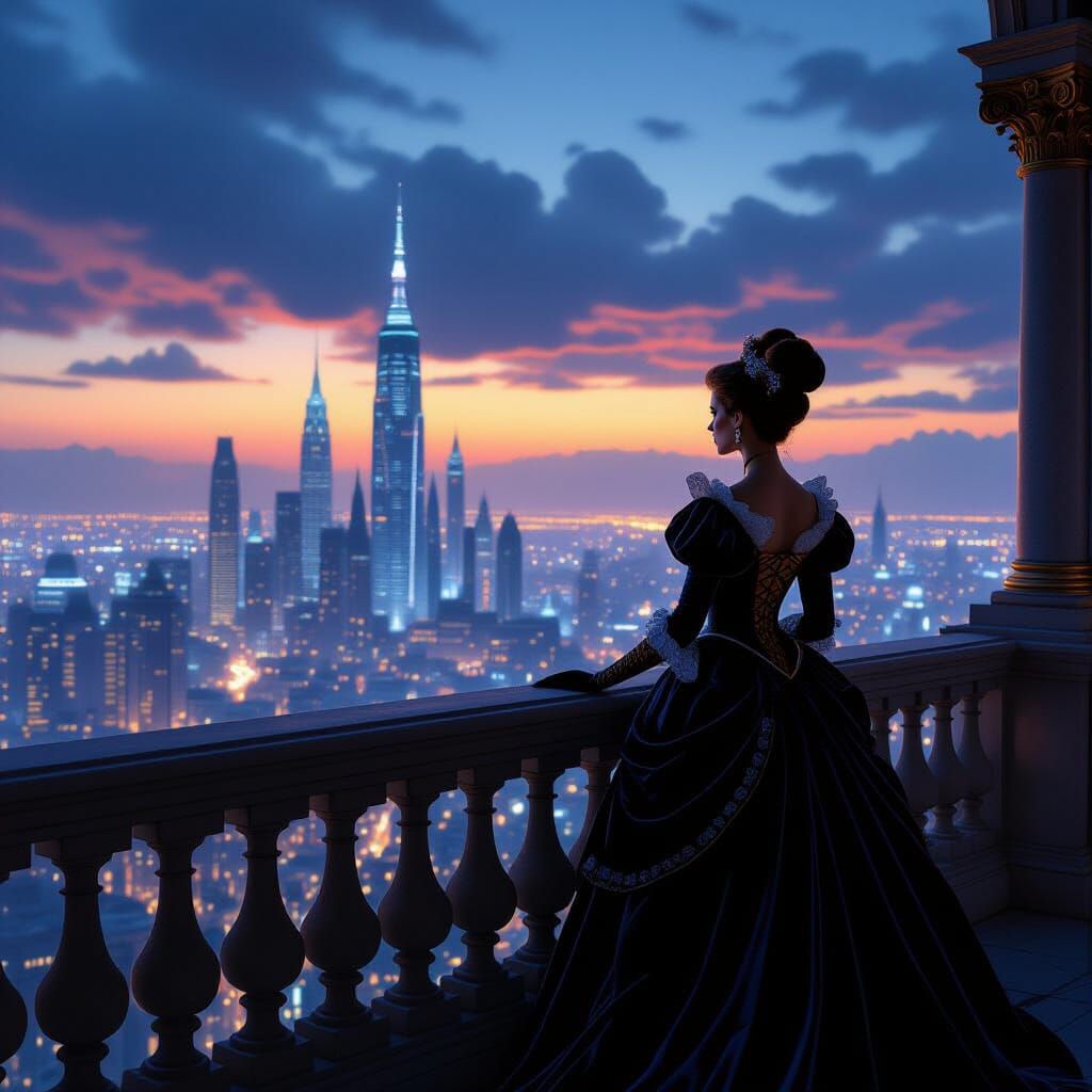 Renaissance Woman Gazes at Futuristic City