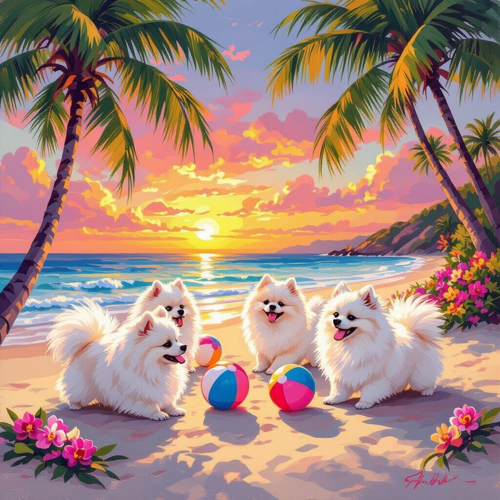 Pomeranians Play on Sunset Beach in Monet Style