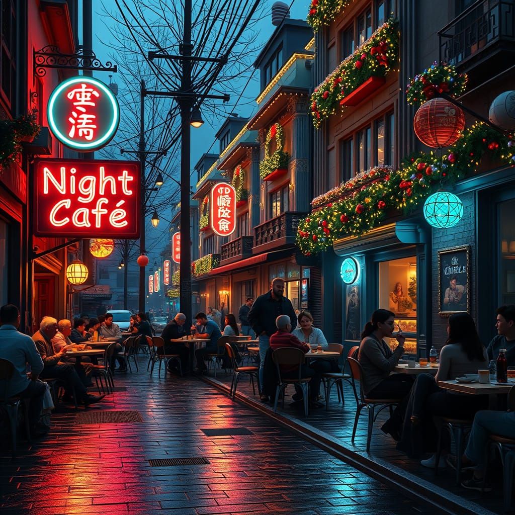 Dusk Cafe Scene with Christmas Decorations and Warm Ambiance