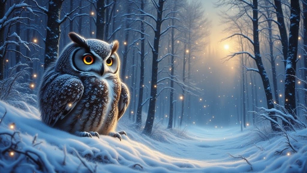 Mystical Great Horned Owl in Winter Woodland