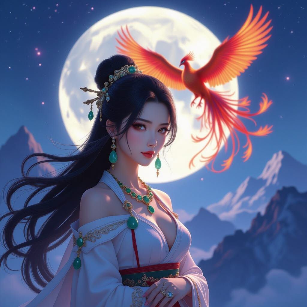 Asian Woman with Jade Jewelry on Moonlit Peak with Phoenix