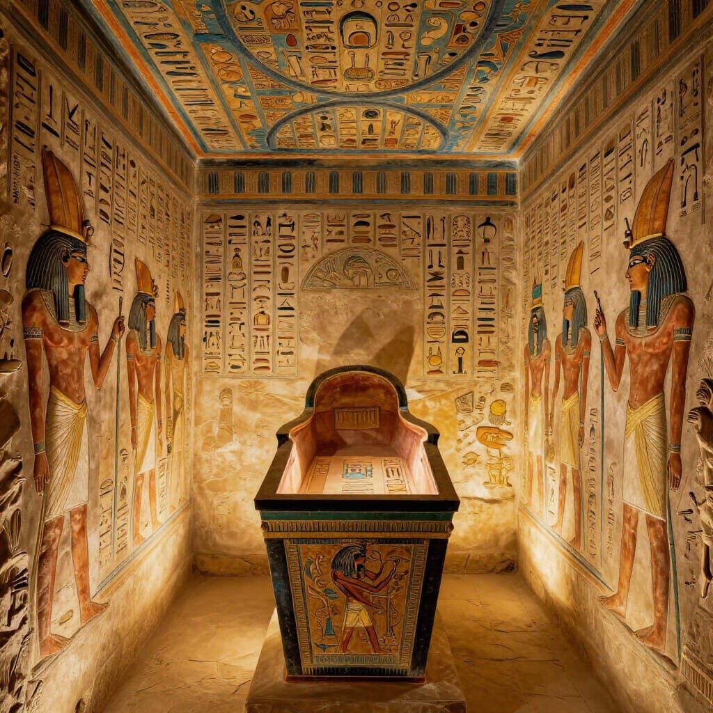 Ancient Egyptian Tomb Interior with Sarcophagus and Volumetr...