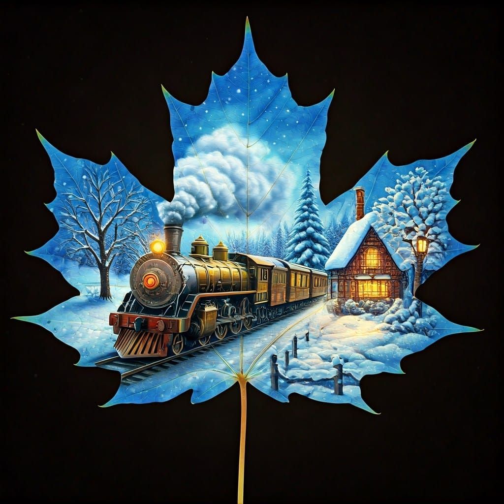 Steampunk Train in Winter Village Maple Leaf
