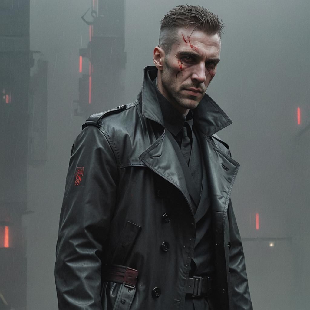 Cyberpunk Man with Scars in Neon City