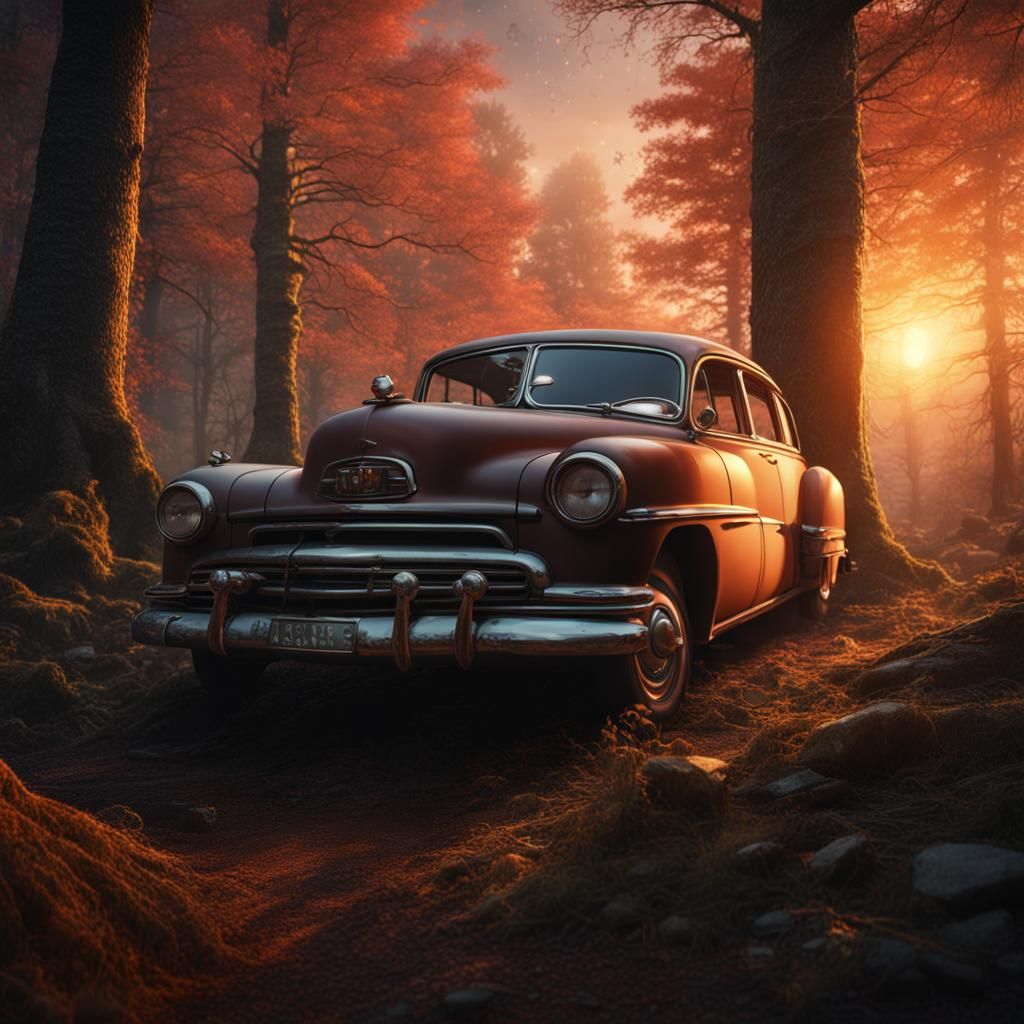 Sunset Silhouette: Old Car in the Woods