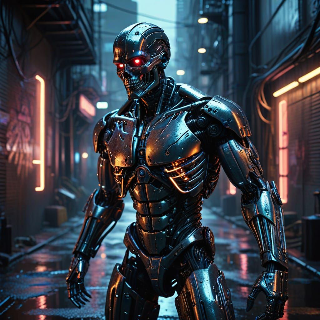 Cyberpunk Terminator Cyborg Hunting in Gritty Alleyway