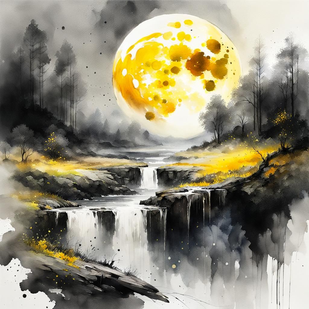 Lush Moonlit Landscape in Watercolor Illustration