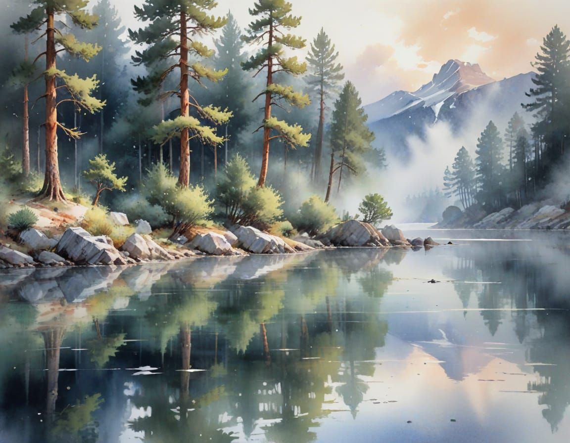 Mountain Lake at Dawn in Watercolor Style