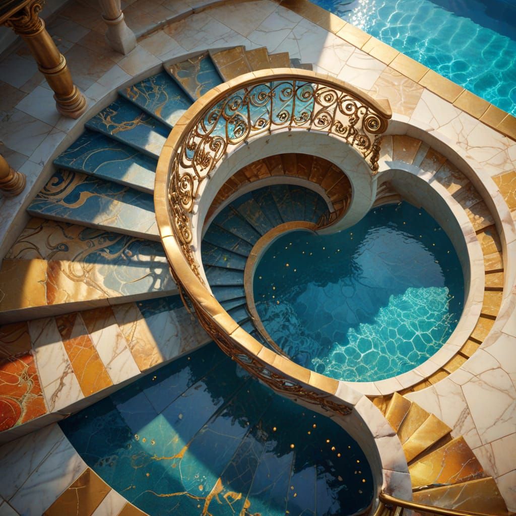 Spiral Staircase Descending to a Pool: Digital Art