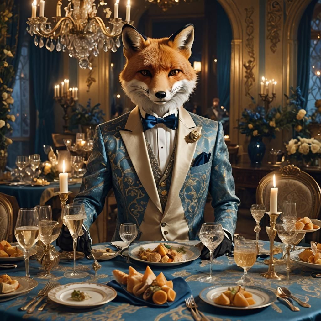 An anthropomorphic fox wearing a tuxedo at a dinner party.
