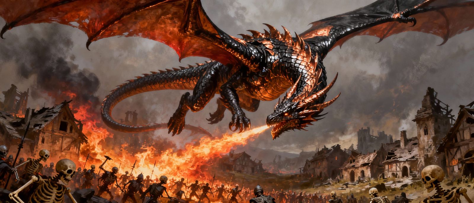 Dragon Breathes Fire on Skeleton Army in Ruined Village