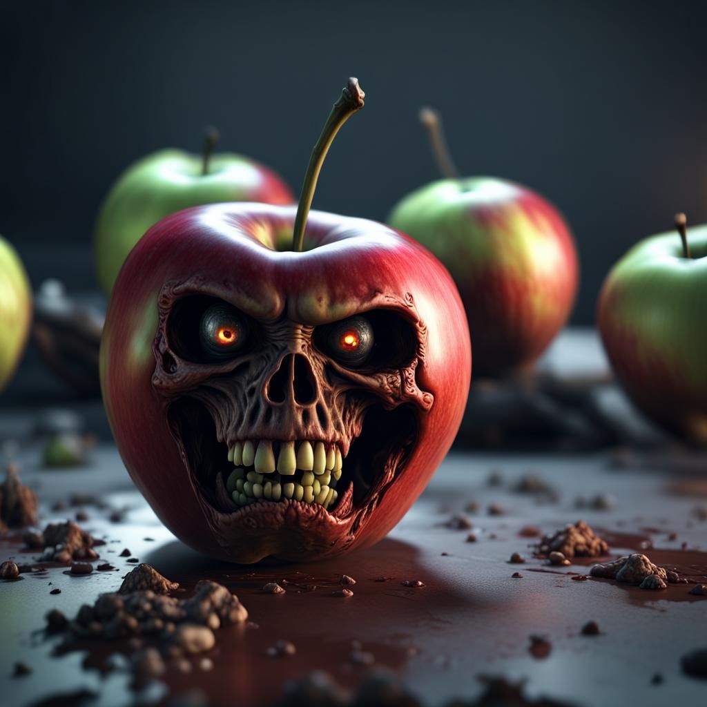 Zombie Apple in Humorous Horror Scene, Hyperrealistic Art