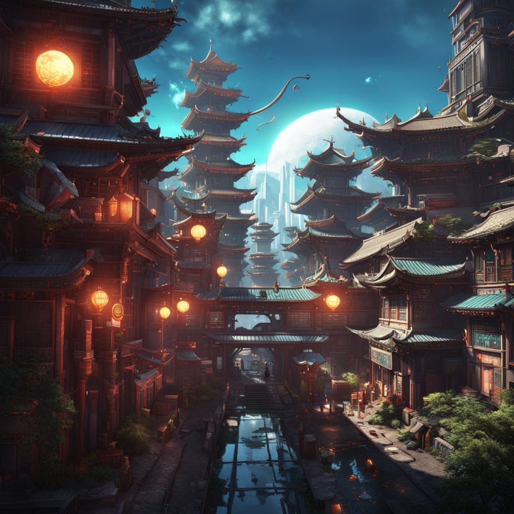 Solar Punk Cityscape with Oriental Influences