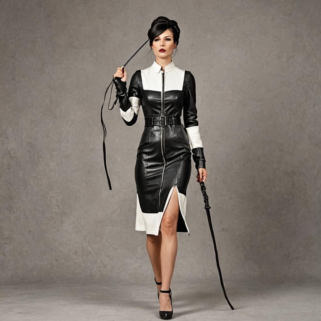 Dominant Mistress in Black and White Leather