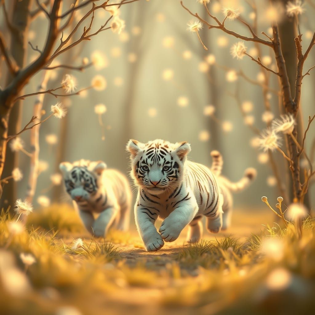 Whimsical Tiger Cubs in a Dandelion Grove
