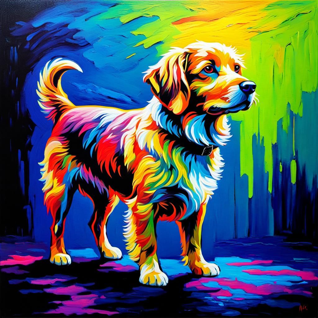 Cute Dog in Neon Light: Neo-Impressionist Oil Painting