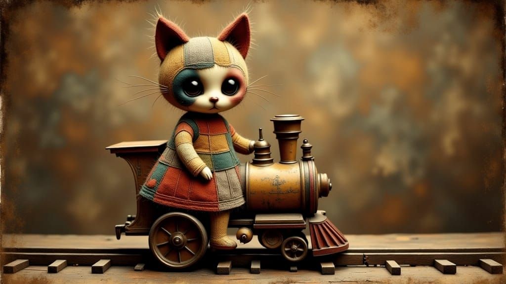cat doll riding a toy train