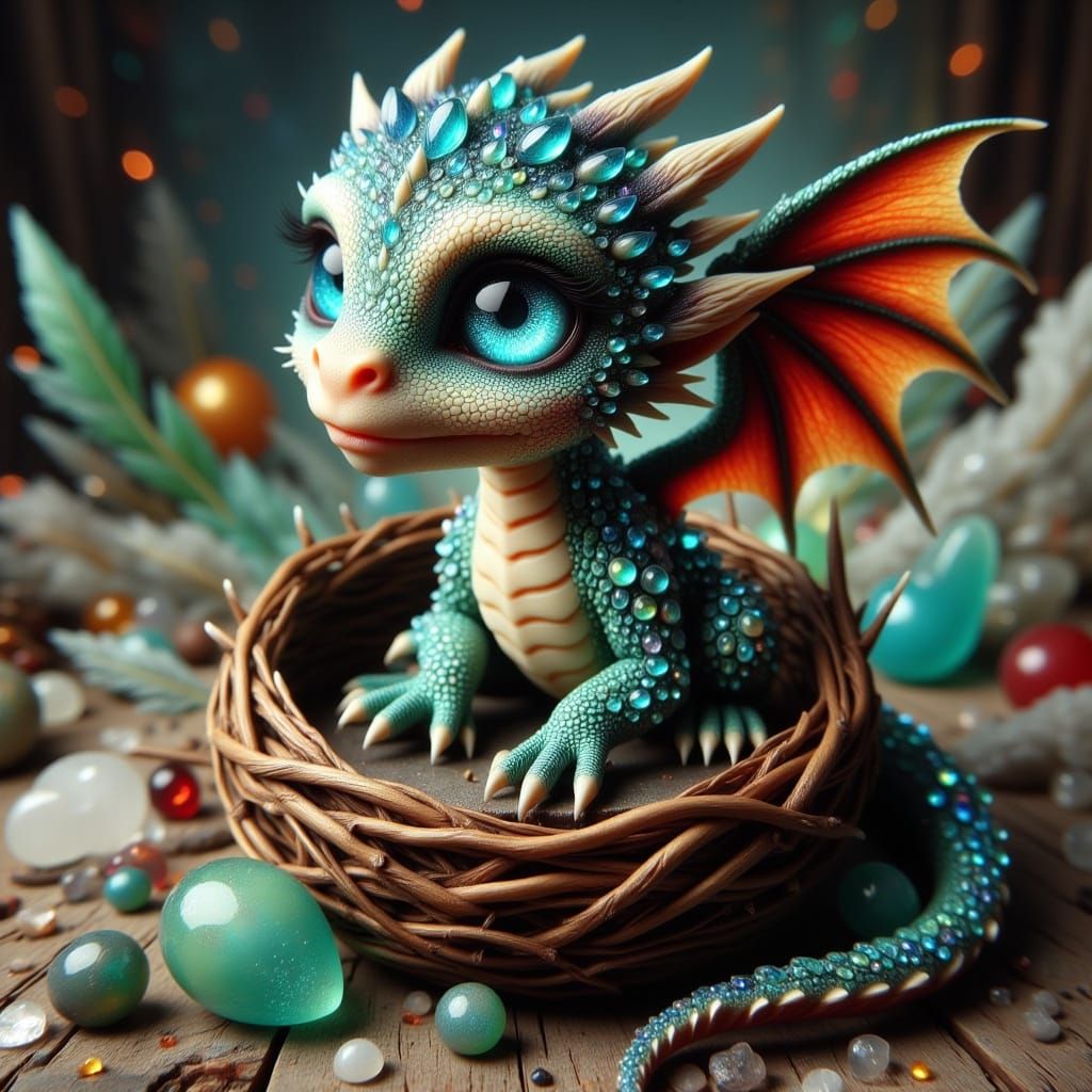 Whimsical Baby Dragon in Emerald and Ruby Scales, Nestled in...
