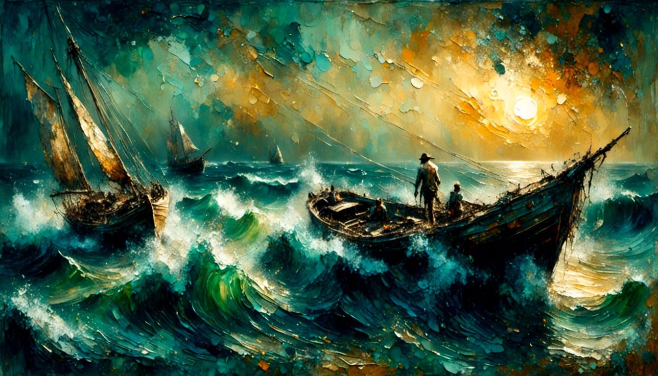 Schooner at Golden Hour: Impasto Oil Painting