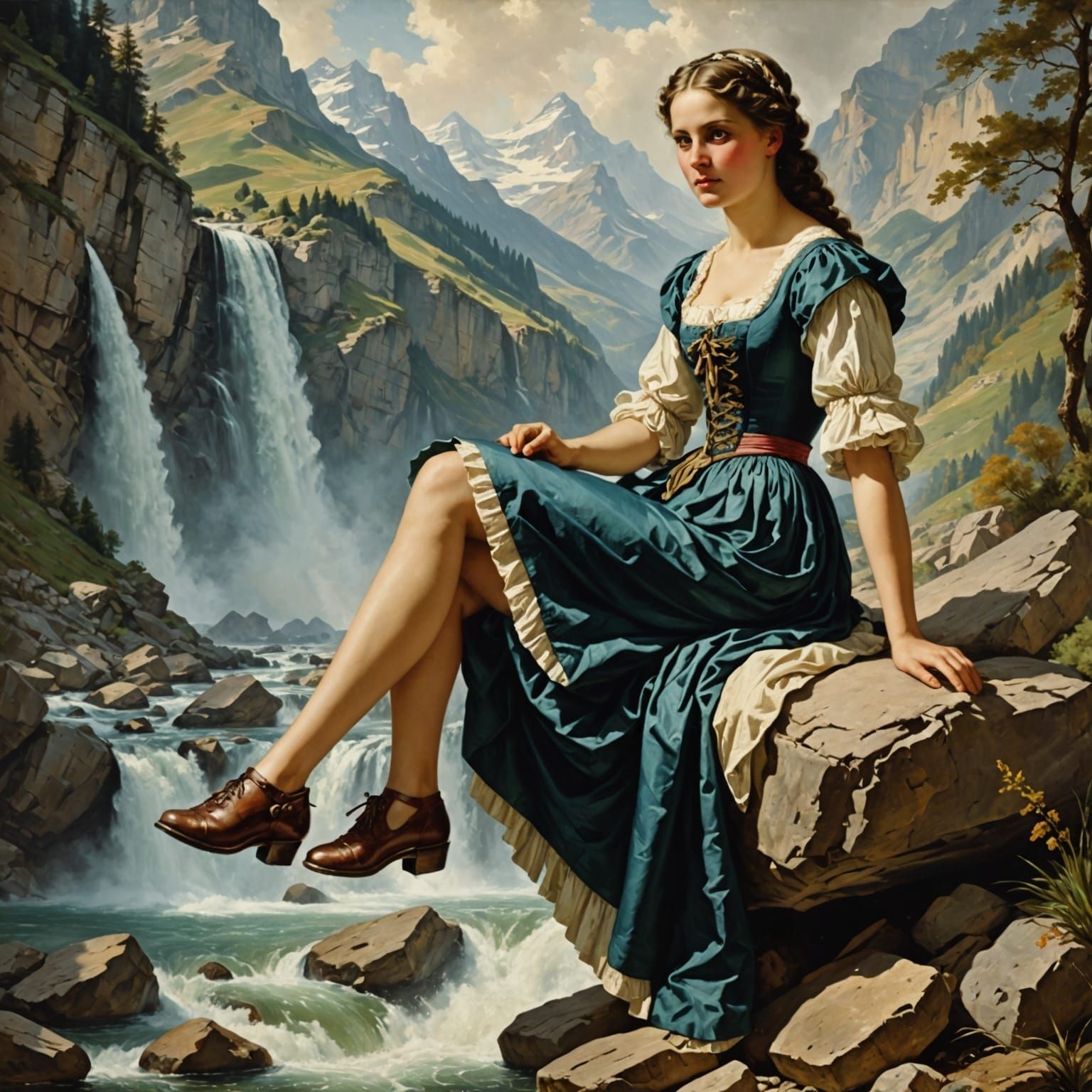 Ethereal Dirndl Waterfall Scene in Austrian Alpine Lore